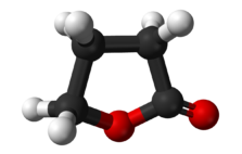 Ball-and-stick model of the γ-butyrolactone (GBL) molecule.